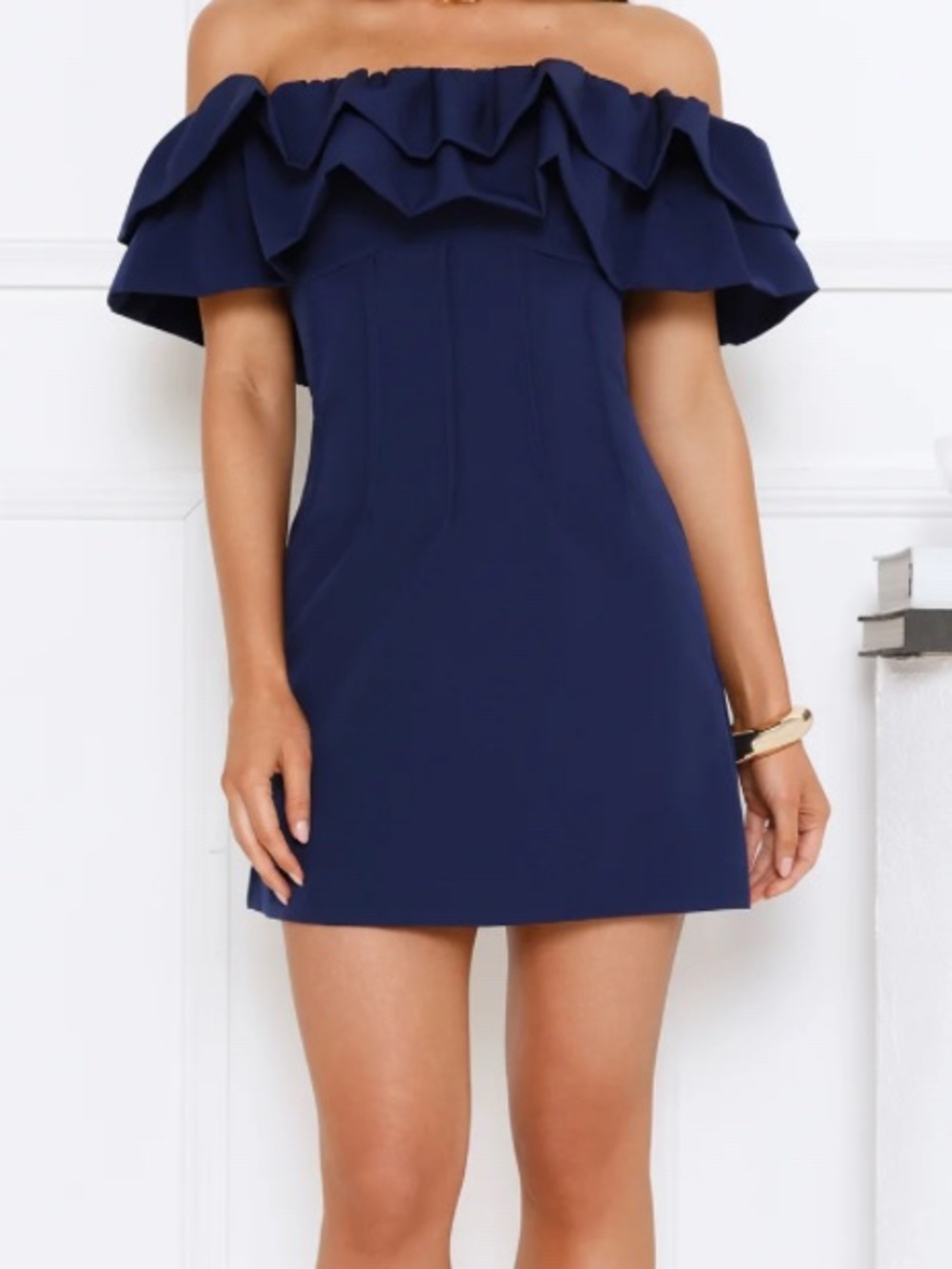 Off-Shoulder Navy Mini Dress with Ruffled Satin Trim